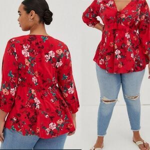 6X TORRID 3/4 SLEEVE LACE UP BABYDOLL RED SEXY VNECK FLORAL BLOUSE TOP 5X